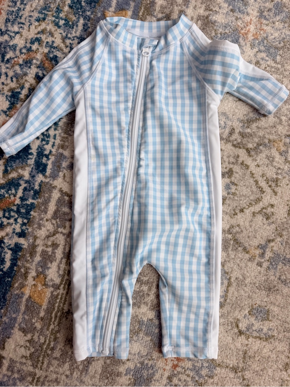 Brand new Swimzip Long-Sleeve Rashguard One-Piece in Light Blue Gingham 6m